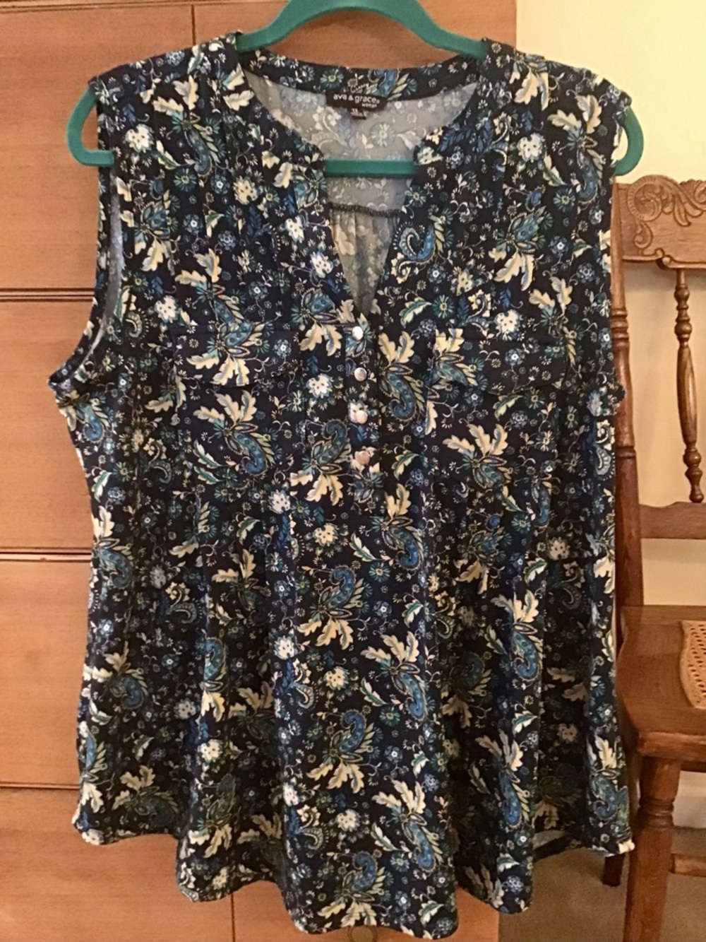 Ava & Grace Navy Blue Paisley Sleeveless Camisole with Cream & Teal Accents